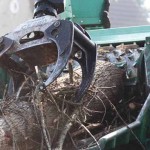 Ein Holzhacker verwandelt Baumstämme in Späne.