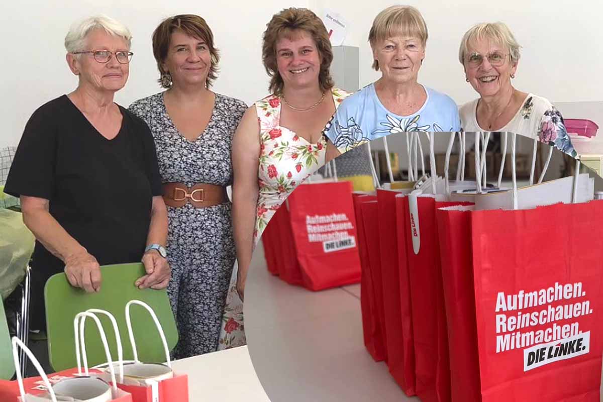 Linkenchefin Slanina (2.v.l.) und Claudia Mollenschott (3.v.l.) beim Wahlkampf IM Rathaus (Foto: facebook Seite Claudia Mollenschott)
